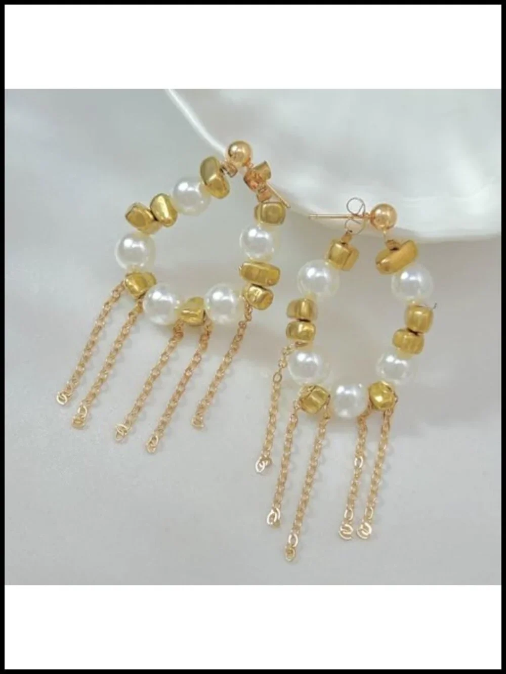 Gold Pearl Huggie Hoop Earrings Dainty Beaded Tassel Chain Dangle for Women